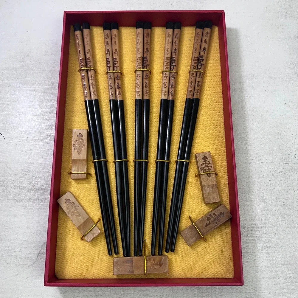 5 Pair Black Wood Chopstick Set with Calligraphy and Rests in Box